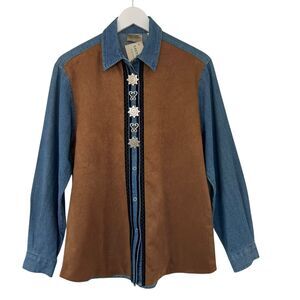Wrangler Blue Denim Faux Suede 80s Long Sleeve Botton Up Shirt Western Cowgirl M